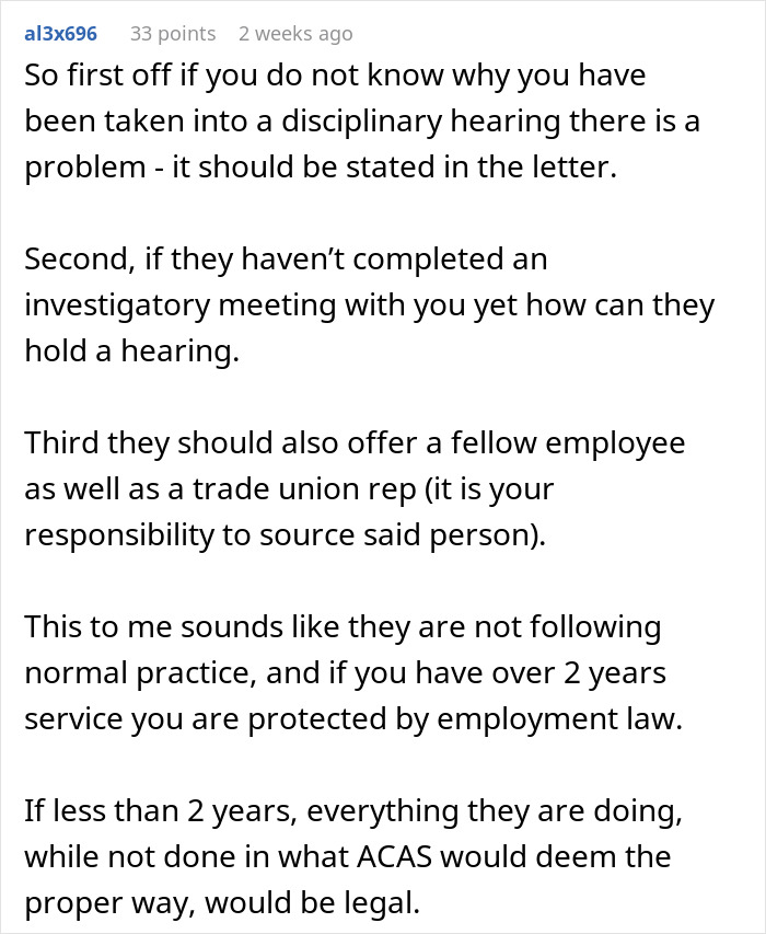 Comment explaining disciplinary hearing process for a worker disciplined over ChatGPT slurs and employment law advice. Comment explaining disciplinary hearing process for a worker disciplined over ChatGPT slurs and employment law advice.