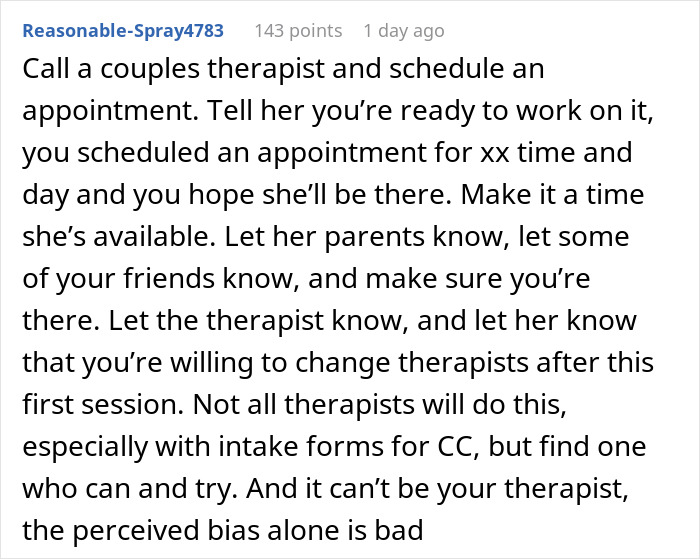 Screenshot of a Reddit comment offering advice on couples therapy after insecurities affect a pregnant girlfriend. Screenshot of a Reddit comment offering advice on couples therapy after insecurities affect a pregnant girlfriend.