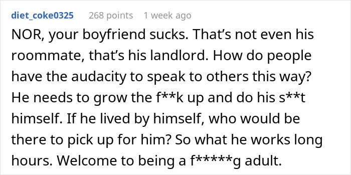 Alt text: User criticizes boyfriend for treating roommate like help and ordering chores, raising alarm over disrespectful behavior.