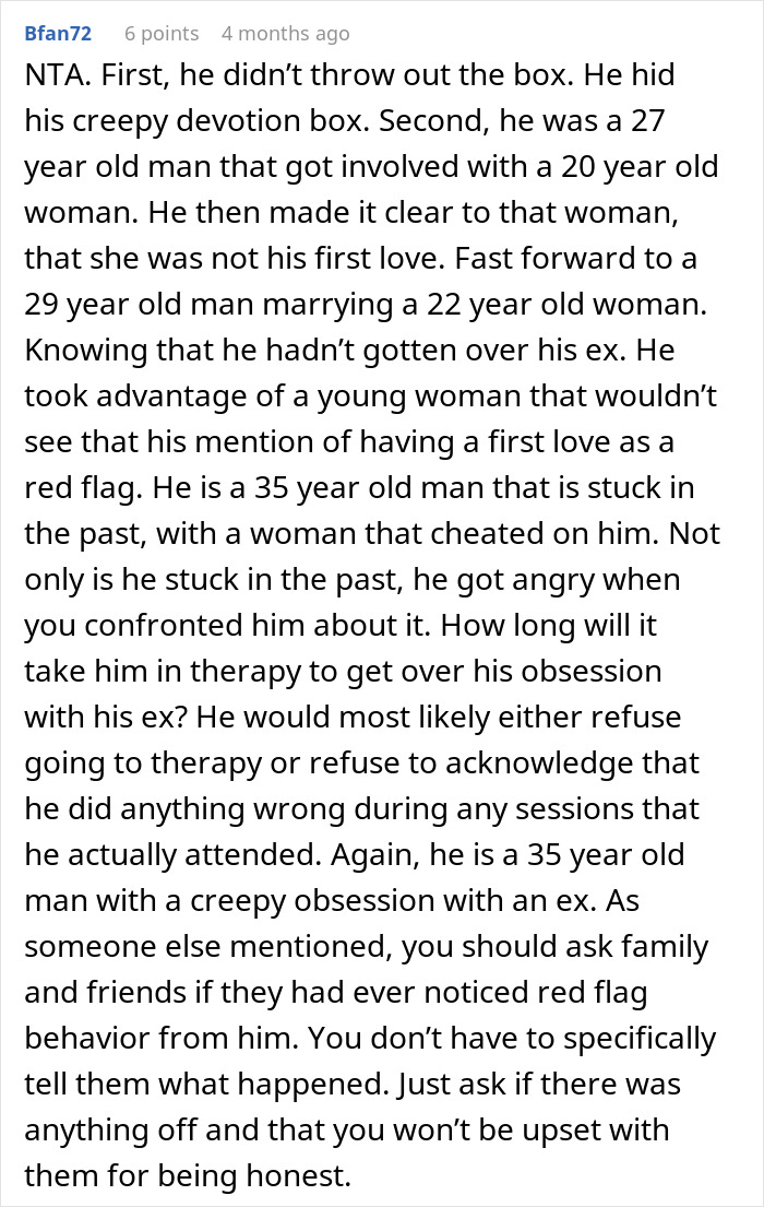 Comment discussing a husband’s obsession with his ex and red flags in a marriage after six years. Comment discussing a husband’s obsession with his ex and red flags in a marriage after six years.