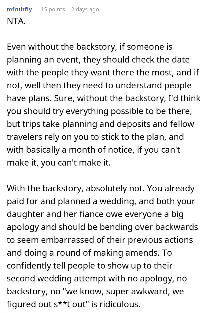 Comment discussing a man shelling out $22,500 for daughter’s failed wedding and skipping the real one to hang out with pals. Comment discussing a man shelling out $22,500 for daughter’s failed wedding and skipping the real one to hang out with pals.