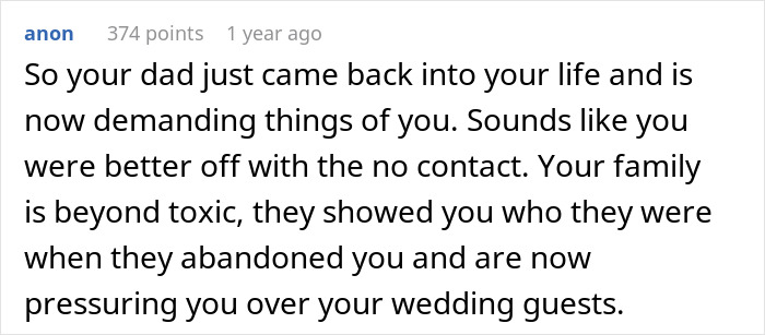 Comment about toxic family and no contact with dad after fight with stepsister leading to cutting ties. Comment about toxic family and no contact with dad after fight with stepsister leading to cutting ties.