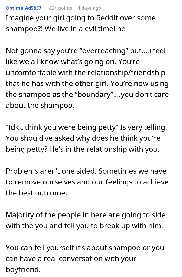 Reddit comment discussing relationship boundaries and refusing female friend to use shampoo concerns.