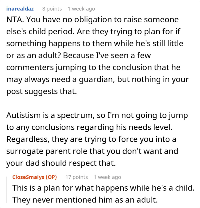 Commenter explains no obligation to care for autistic stepbrother or become his future caregiver against her will. Commenter explains no obligation to care for autistic stepbrother or become his future caregiver against her will.