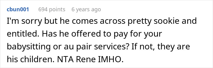 User comment discussing a man accusing his sister of being a stranger after she refuses childcare responsibilities. User comment discussing a man accusing his sister of being a stranger after she refuses childcare responsibilities.