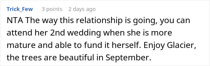 Screenshot of an online comment discussing a man's choice to spend $22,500 on daughter's failed wedding and skip his own event. Screenshot of an online comment discussing a man's choice to spend $22,500 on daughter's failed wedding and skip his own event.