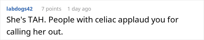 Comment highlighting support for calling out gluten-free colleague during a pizza party conflict about celiac disease.