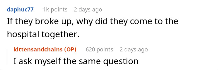 Reddit conversation showing users discussing confusion over a hospital visit after a breakup involving a dead grandchild. Reddit conversation showing users discussing confusion over a hospital visit after a breakup involving a dead grandchild.