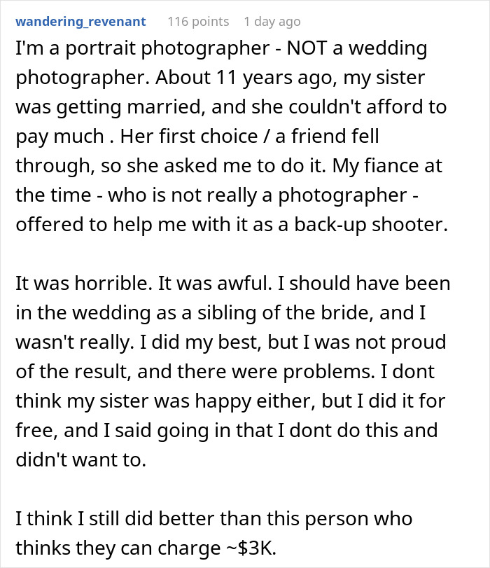 Reddit post criticizing $3K wedding photographer, claiming even a dog with a GoPro would capture better wedding photos. Reddit post criticizing $3K wedding photographer, claiming even a dog with a GoPro would capture better wedding photos.