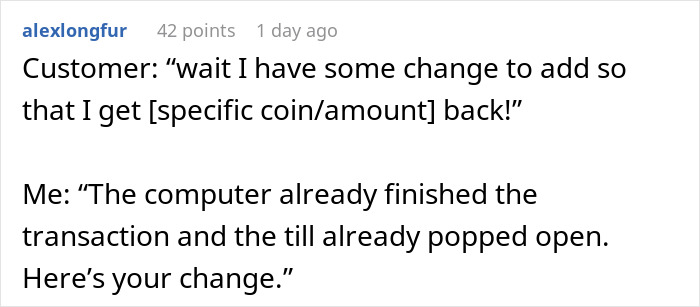 Text conversation about a customer adding change after transaction ends while cashier explains till is closed. Text conversation about a customer adding change after transaction ends while cashier explains till is closed.