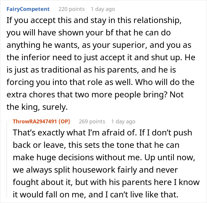 Comment discussing man secretly inviting his parents to stay, causing tension with his girlfriend over chores and decisions. Comment discussing man secretly inviting his parents to stay, causing tension with his girlfriend over chores and decisions.