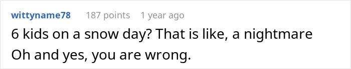 Comment text on white background stating 6 kids on a snow day is a nightmare and contradicting the statement.