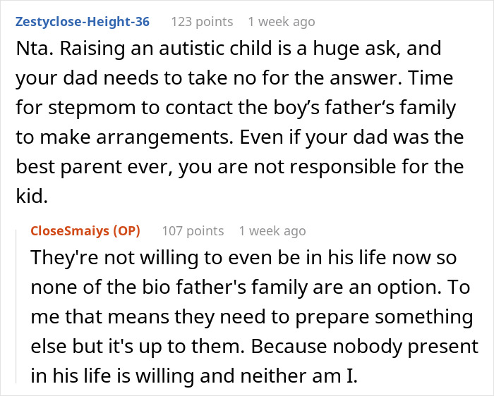Reddit discussion on a stepmom refusing to be future caregiver for autistic stepbrother she barely knows. Reddit discussion on a stepmom refusing to be future caregiver for autistic stepbrother she barely knows.