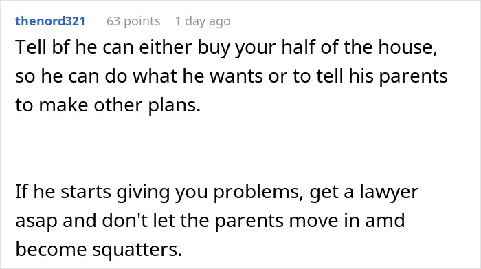 Comment discussing a man inviting his parents to stay and the girlfriend's reaction about boundaries and legal advice. Comment discussing a man inviting his parents to stay and the girlfriend's reaction about boundaries and legal advice.