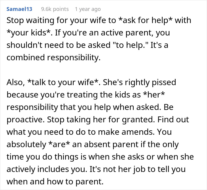 Comment on man tells wife she couldn’t do it without him, highlighting shared parenting responsibility and proactive support.