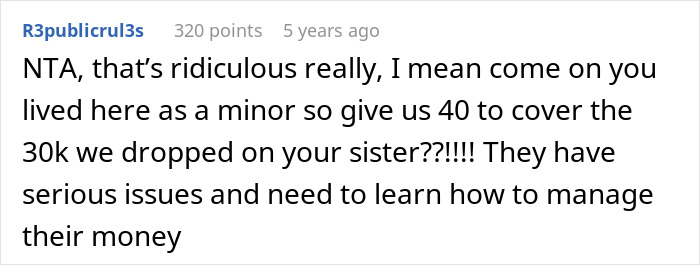 Text comment about a woman refusing to hand over her entire savings after parents claim it’s rightfully theirs. Text comment about a woman refusing to hand over her entire savings after parents claim it’s rightfully theirs.