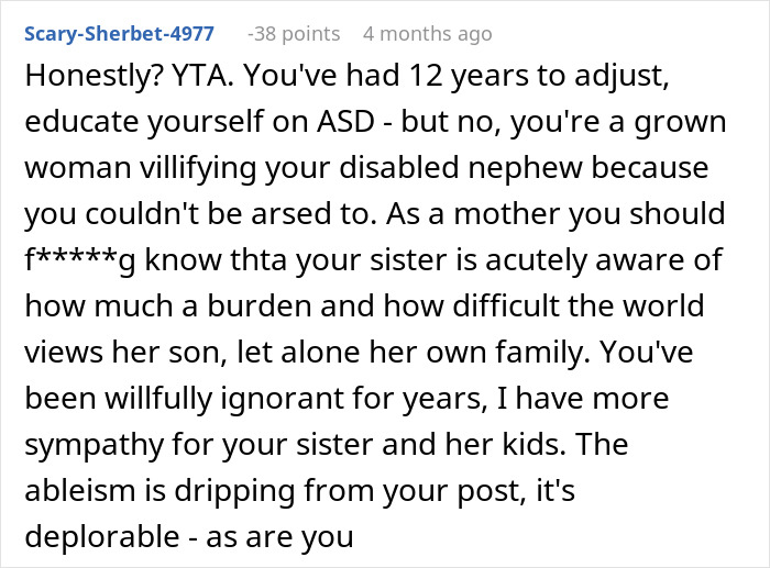 Comment criticizing woman refusing to babysit her autistic nephew after he injures daughter and spits on her, highlighting ableism. Comment criticizing woman refusing to babysit her autistic nephew after he injures daughter and spits on her, highlighting ableism.