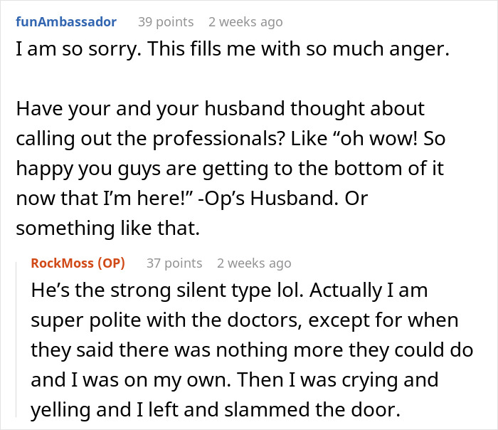 Alt text: Online forum discussing woman's chronic pain dismissed by doctors until her husband advocates for her care Alt text: Online forum discussing woman's chronic pain dismissed by doctors until her husband advocates for her care