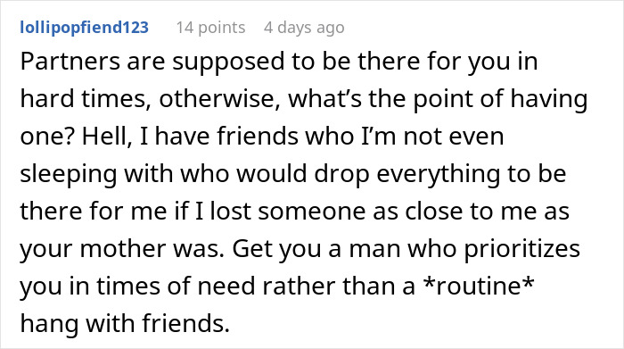 Screenshot of a comment discussing woman facing heartbreak as boyfriend’s true character is revealed after mother’s death.