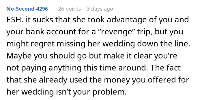 Comment discussing a man’s regret over the daughter’s failed wedding and financial impact on his bank account. Comment discussing a man’s regret over the daughter’s failed wedding and financial impact on his bank account.