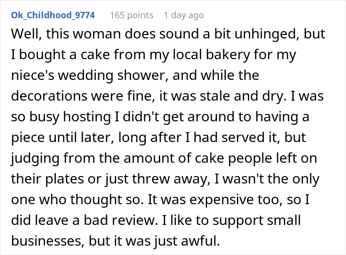 Comment describing buying stale cake from local bakery and considering a refund after poor experience at a wedding shower.