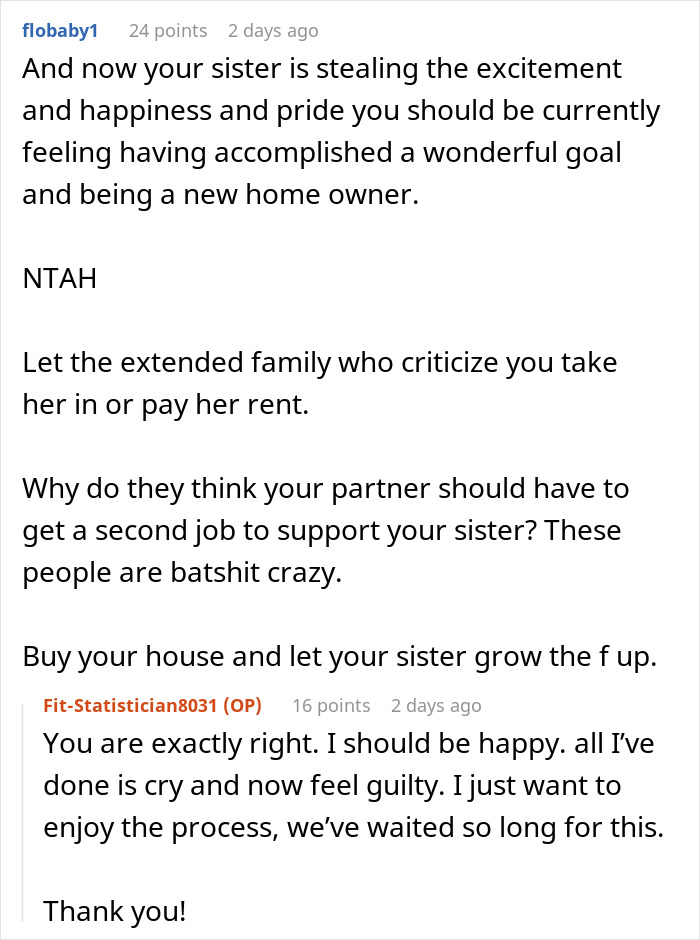 Reddit comments discussing family demands for money and one woman feeling guilt over supporting her sister more than herself. Reddit comments discussing family demands for money and one woman feeling guilt over supporting her sister more than herself.