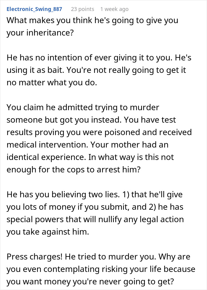 Reddit comment discussing man getting sick after eating food touched by his dad, questioning if it’s intentional harm.