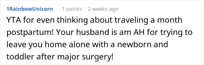 Screenshot of an online comment criticizing a man for asking his wife’s permission to travel alone after her scheduled C-section. Screenshot of an online comment criticizing a man for asking his wife’s permission to travel alone after her scheduled C-section.