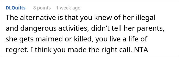 Screenshot of a Reddit comment discussing the consequences of knowing about a friend’s illegal and dangerous activities. Screenshot of a Reddit comment discussing the consequences of knowing about a friend’s illegal and dangerous activities.