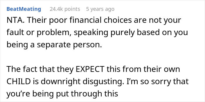 Comment discussing a woman refusing to hand over her entire savings to parents who claim it’s rightfully theirs. Comment discussing a woman refusing to hand over her entire savings to parents who claim it’s rightfully theirs.