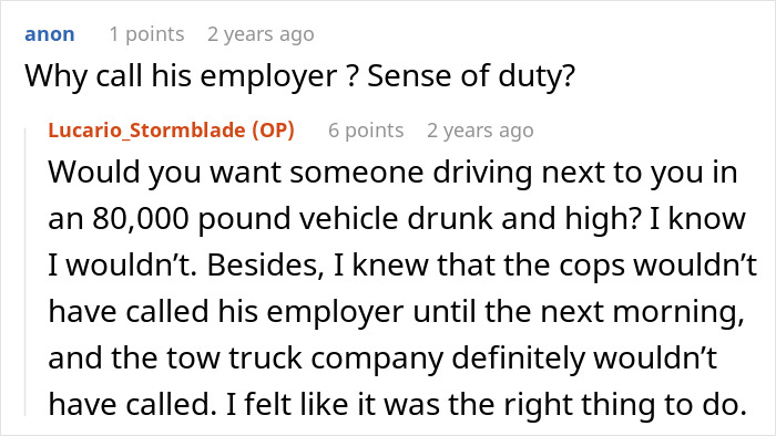 Screenshot of a Reddit comment thread discussing a guy parked illegally and drunk in a work truck risking unemployment. Screenshot of a Reddit comment thread discussing a guy parked illegally and drunk in a work truck risking unemployment.