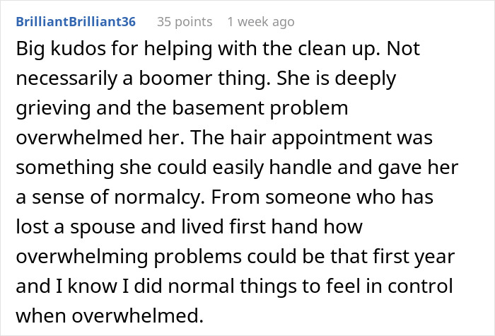 Comment discussing helping with sewage disaster cleanup, grief, and coping through hair appointment during overwhelm. Comment discussing helping with sewage disaster cleanup, grief, and coping through hair appointment during overwhelm.
