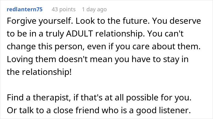 Reddit comment offering advice on adult relationships and forgiveness after a breakup involving dinner conflict.