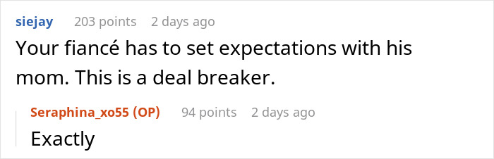 Conversation snippet discussing fiancé setting expectations with his mother as a deal breaker in free salon service marriage context.