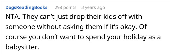 Text conversation screenshot showing a comment about not wanting to be a babysitter on vacation, highlighting childfree woman escape. Text conversation screenshot showing a comment about not wanting to be a babysitter on vacation, highlighting childfree woman escape.