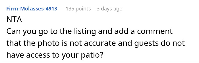 Screenshot of a Reddit comment discussing a neighbor refusing tourists access to a patio in an Airbnb dispute. Screenshot of a Reddit comment discussing a neighbor refusing tourists access to a patio in an Airbnb dispute.