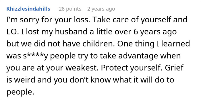 User comment expressing sympathy and advice about protecting oneself from mother-in-law hostility after losing husband. User comment expressing sympathy and advice about protecting oneself from mother-in-law hostility after losing husband.