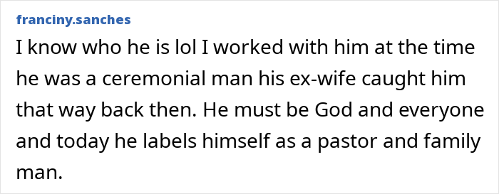 Comment discussing a pastor's past incident involving a thong and wig, mentioning his current family and pastoral role. Comment discussing a pastor's past incident involving a thong and wig, mentioning his current family and pastoral role.