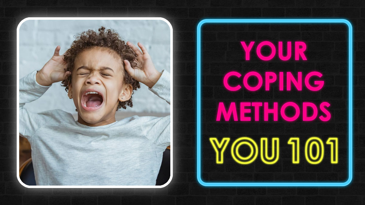Child with curly hair expressing frustration next to neon sign about coping methods and resilience style quiz.