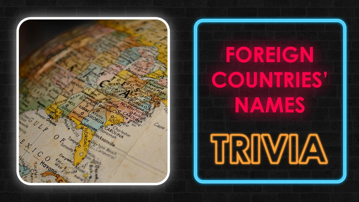 Close-up of a vintage map showing US states with neon sign reading foreign countries names trivia for countries and cities quiz.