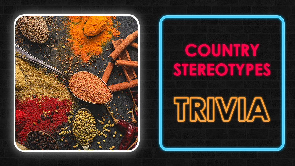 Colorful spices with spoons alongside neon light text highlighting country stereotypes trivia on a dark brick background.