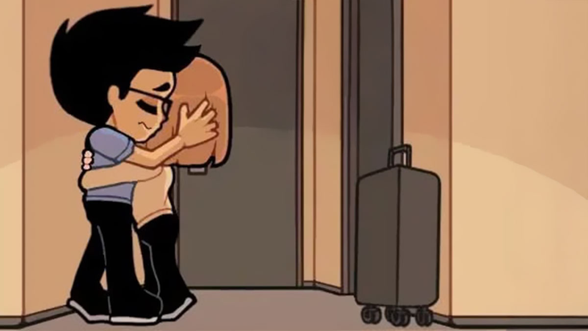 Illustration of a couple hugging in a hallway with a suitcase nearby, symbolizing a long-distance relationship comic series.