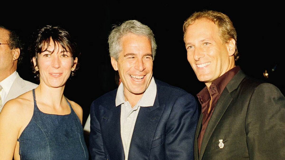 Jeffrey Epstein smiling with two people at an event, highlighting doubts about missing jail video minutes and DOJ claims.