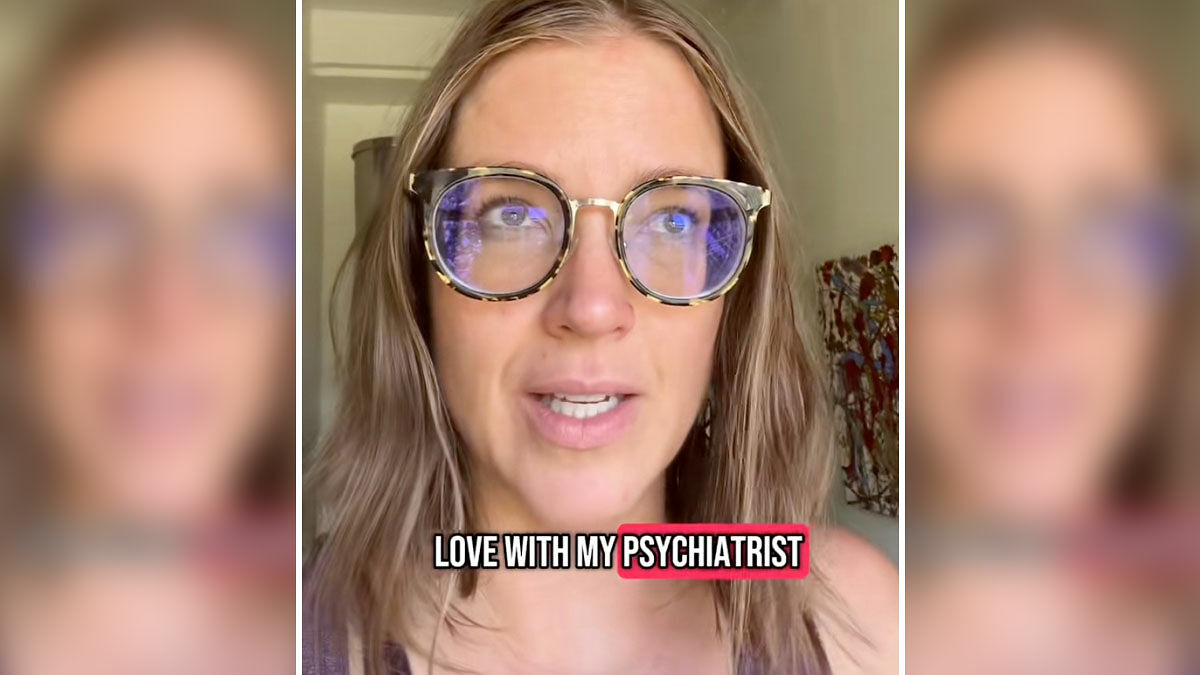 Woman wearing tortoiseshell glasses speaking about obsession with psychiatrist in a casual indoor setting.