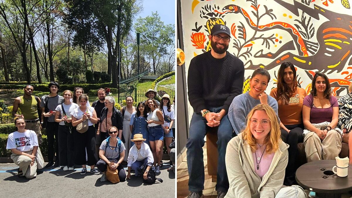 Group of diverse people smiling outdoors and indoors during Spanish learning experience in the streets of Madrid.