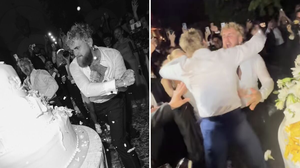 Jake Paul smashing wedding cake amid shocked crowd at an event with Logan Paul in a chaotic viral moment.
