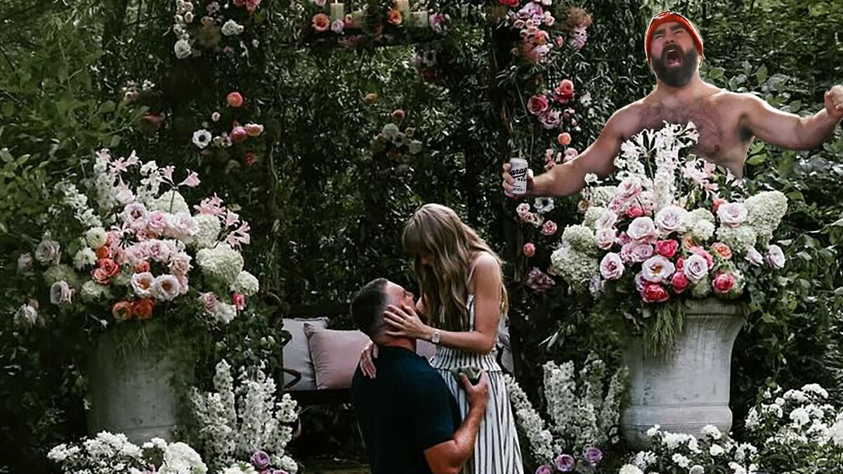 Man kneeling to propose to woman surrounded by flowers with a shirtless man meme edited into the scene reacting humorously.