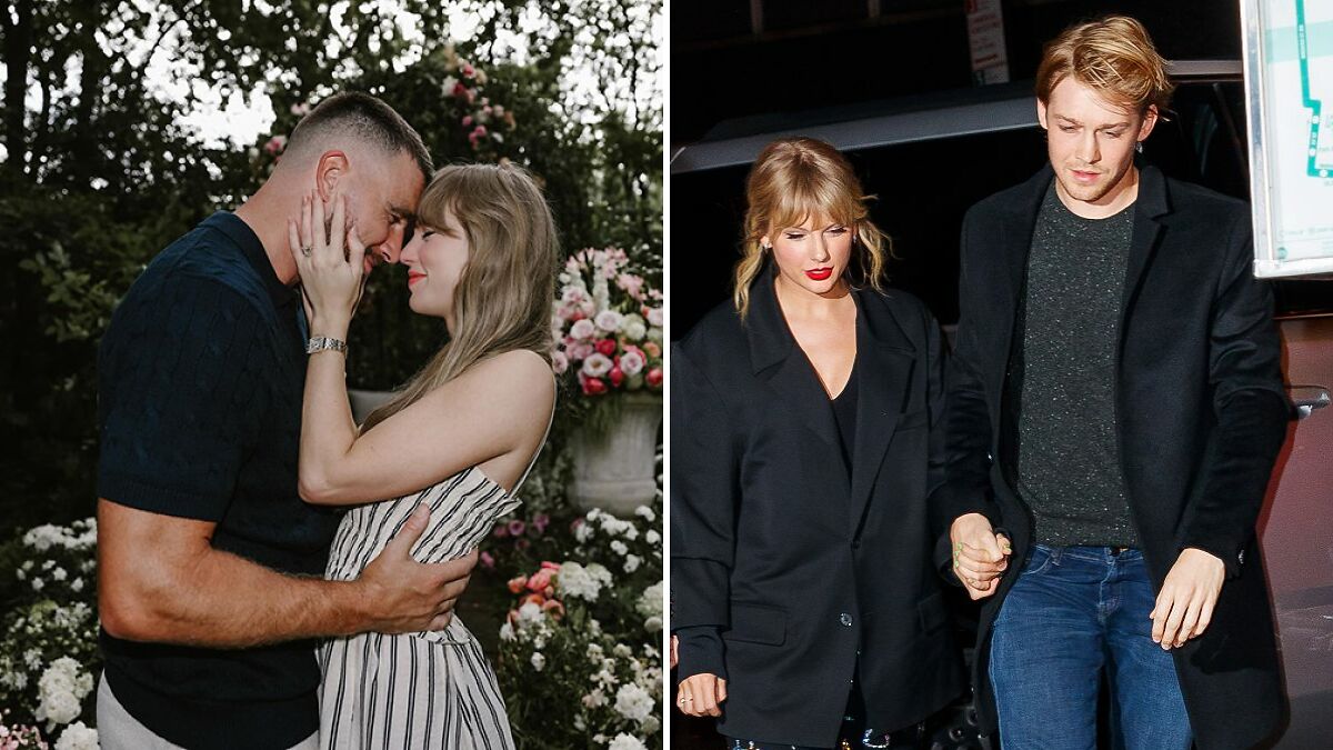 Travis Kelce and Taylor Swift close in a romantic embrace contrasted with Taylor Swift holding hands with a past love.