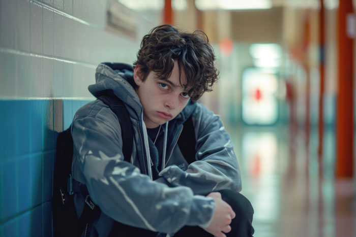 Teen boy looking worried and isolated in school hallway, highlighting concerns for nephew’s safety and controlling brother. Teen boy looking worried and isolated in school hallway, highlighting concerns for nephew’s safety and controlling brother.