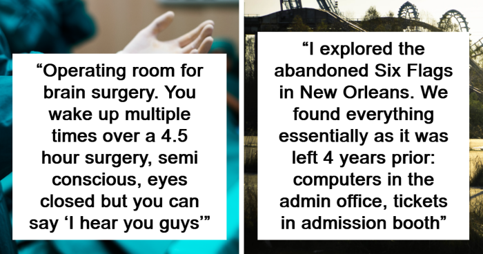 Alt text: Two quotes describing creepy vibes from an operating room during brain surgery and exploring an abandoned Six Flags in New Orleans.